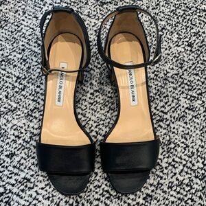 Manolo Blahnik Black Leather Ankle-Strap Block Heel Sandals